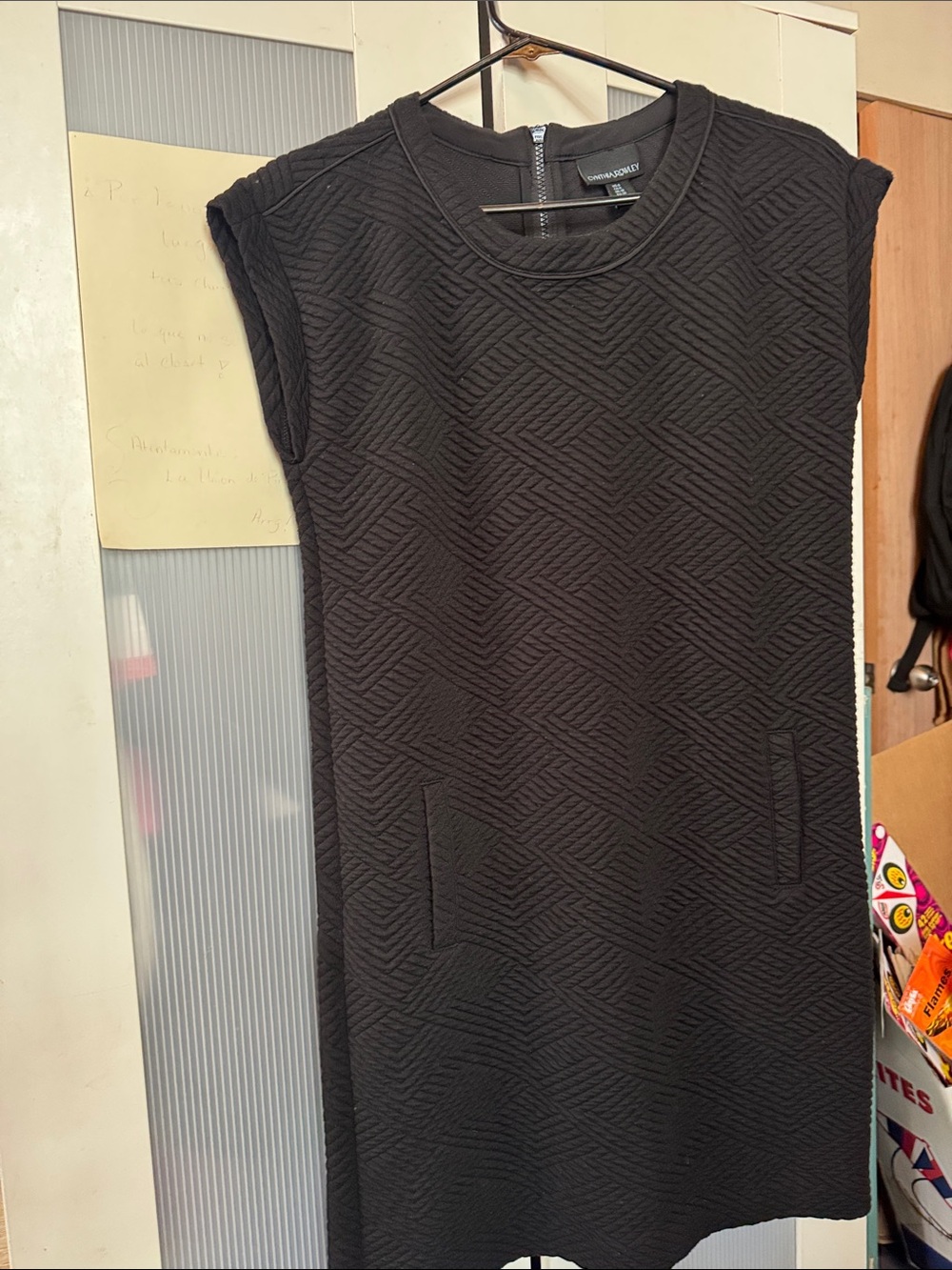 Cynthia Rowley Black Textured Cap-Sleeve Shift Dress with Subtle Pockets